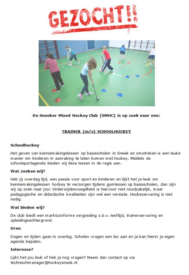 Schoolhockey trainer gezocht